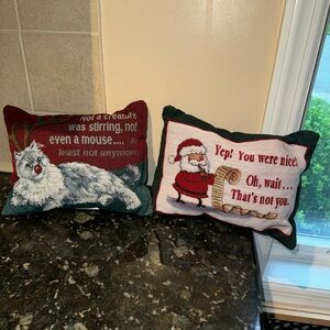 Set‎ Of 2 Tapestry Pillows Christmas Cat Rudolph And Santa 13x10”
